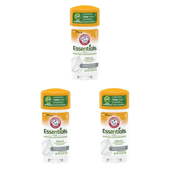 3 Pack Arm & Hammer Essentials Deodorant Solid, Unscented 2.5 Ounce Each