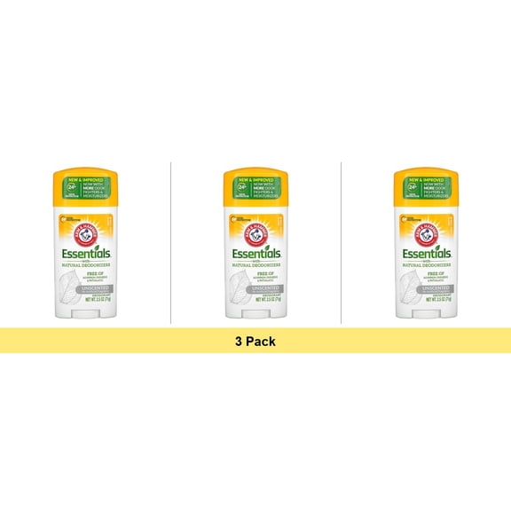 Arm & Hammer Essentials Deodorant Solid, Unscented 2.5 Ounce Each - 3 Pack