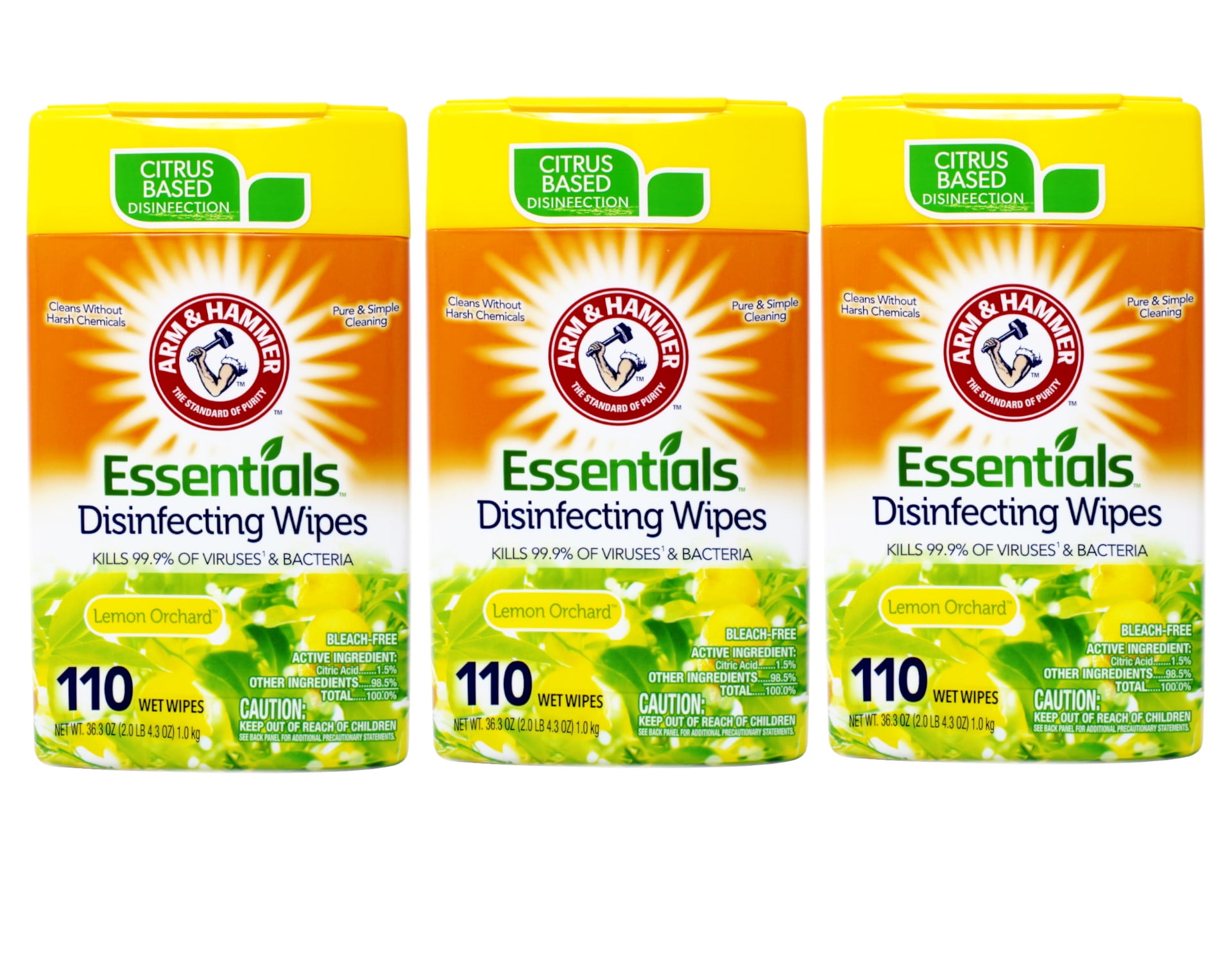Arm & Hammer Essentials Disinfecting Wipes, Lemon Orchard Scent 110Ct