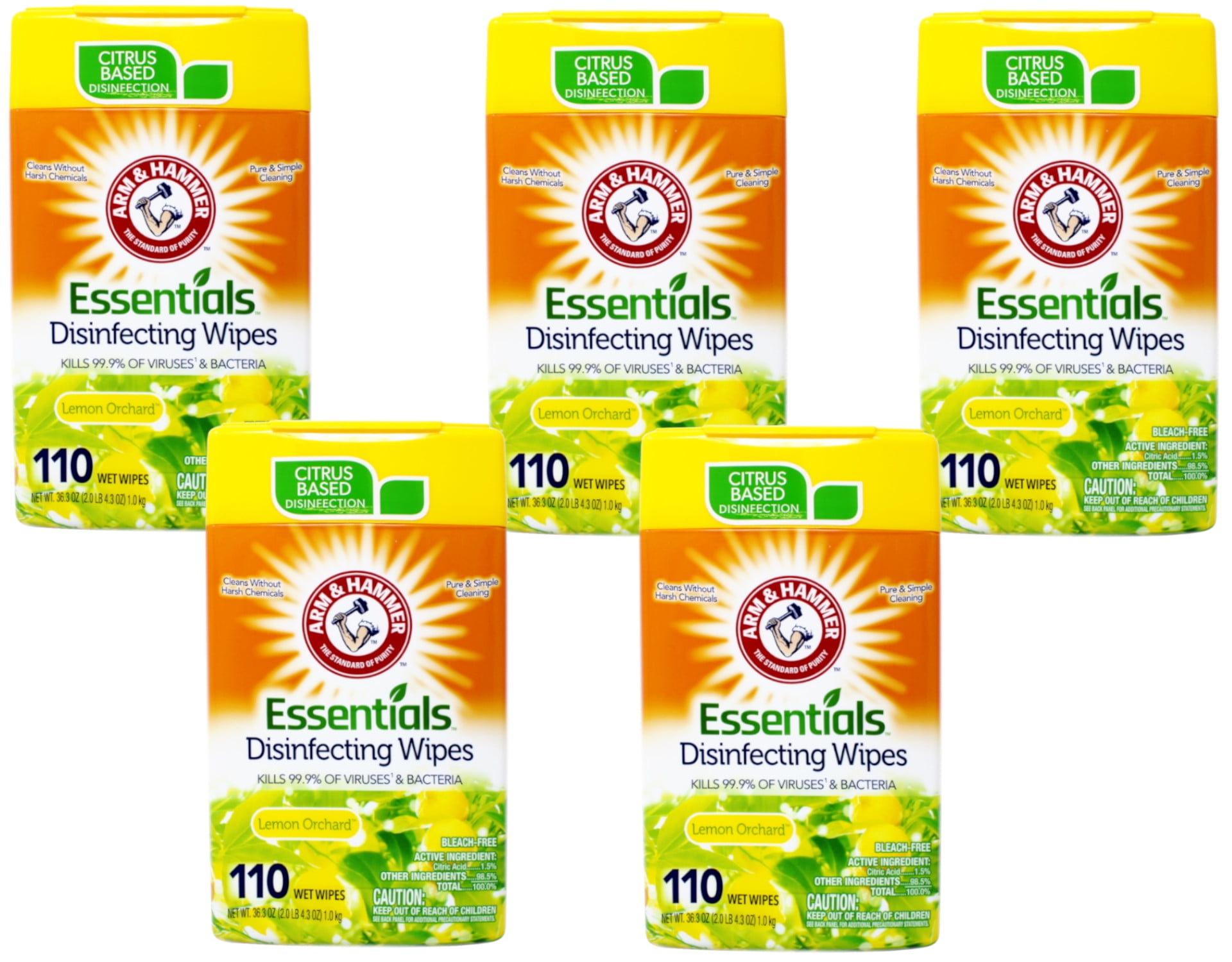 Arm & Hammer Essentials Disinfecting Wipes, Lemon Orchard Scent 110Ct