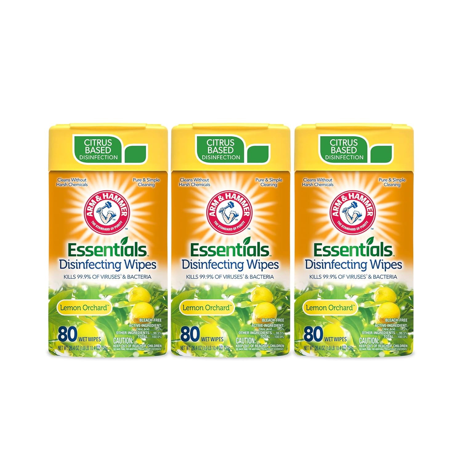 Arm & Hammer Essentials Disinfecting Wipes, Lemon Orchard Scent, 3 Pack, 80 Count, 240 Wipes, Volcano