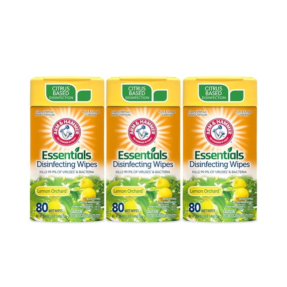Arm & Hammer Essentials Disinfecting Wipes, Lemon Orchard Scent, 3 Pack, 80 Count, 240 Wipes, Volcano