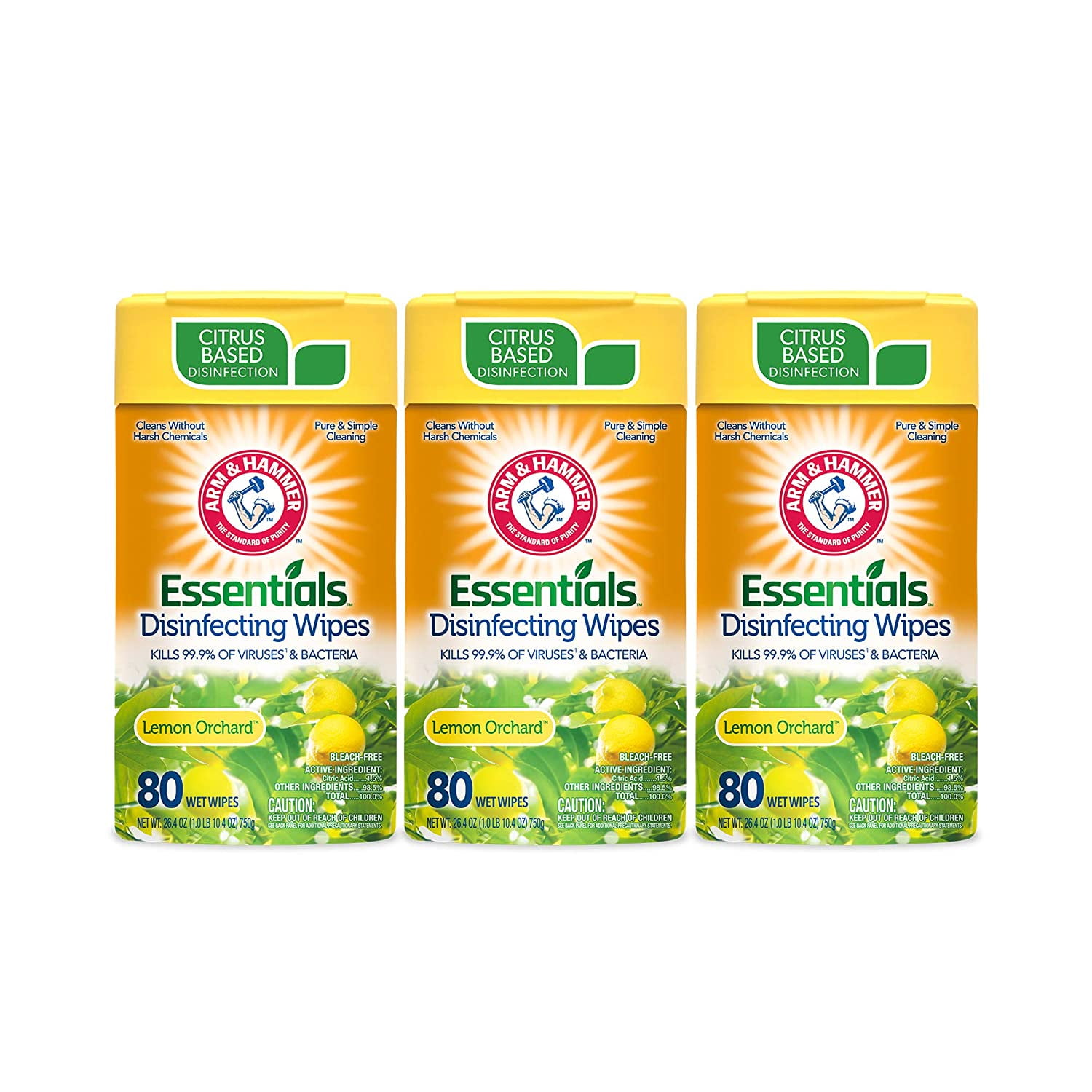 Arm & Hammer Essentials Disinfecting Wipes, Lemon Orchard Scent, 3 Pack