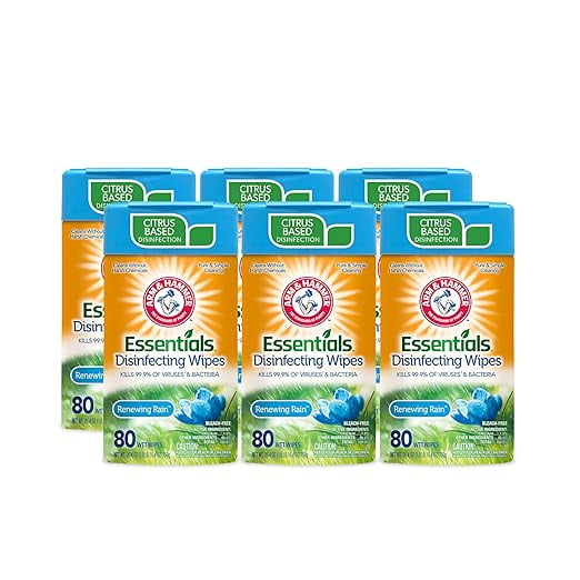 Arm & Hammer Essentials Disinfecting Wipes, Renewing Rain Scent, 6 Pack, 80 Count, 480 Wipes