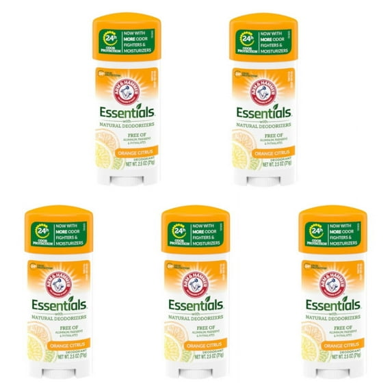 Arm & Hammer Essentials Orange Citrus Solid Natural Deodorant, 2.5 oz (5 Pack)