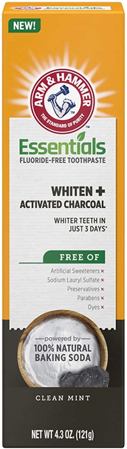 Arm \u0026 Hammer Essentials Whiten \u0026 Activated Charcoal Fluoride Free Toothpaste, 4.3 oz (Pack of 3)