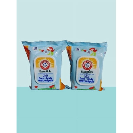 Arm & Hammer Essentials with Gentle Baking Soda & Aloe, Kids Face + Body Wet Wipes, Under Watermelon Kiwi, 2 Pack, 30 Count, 60 Wipes