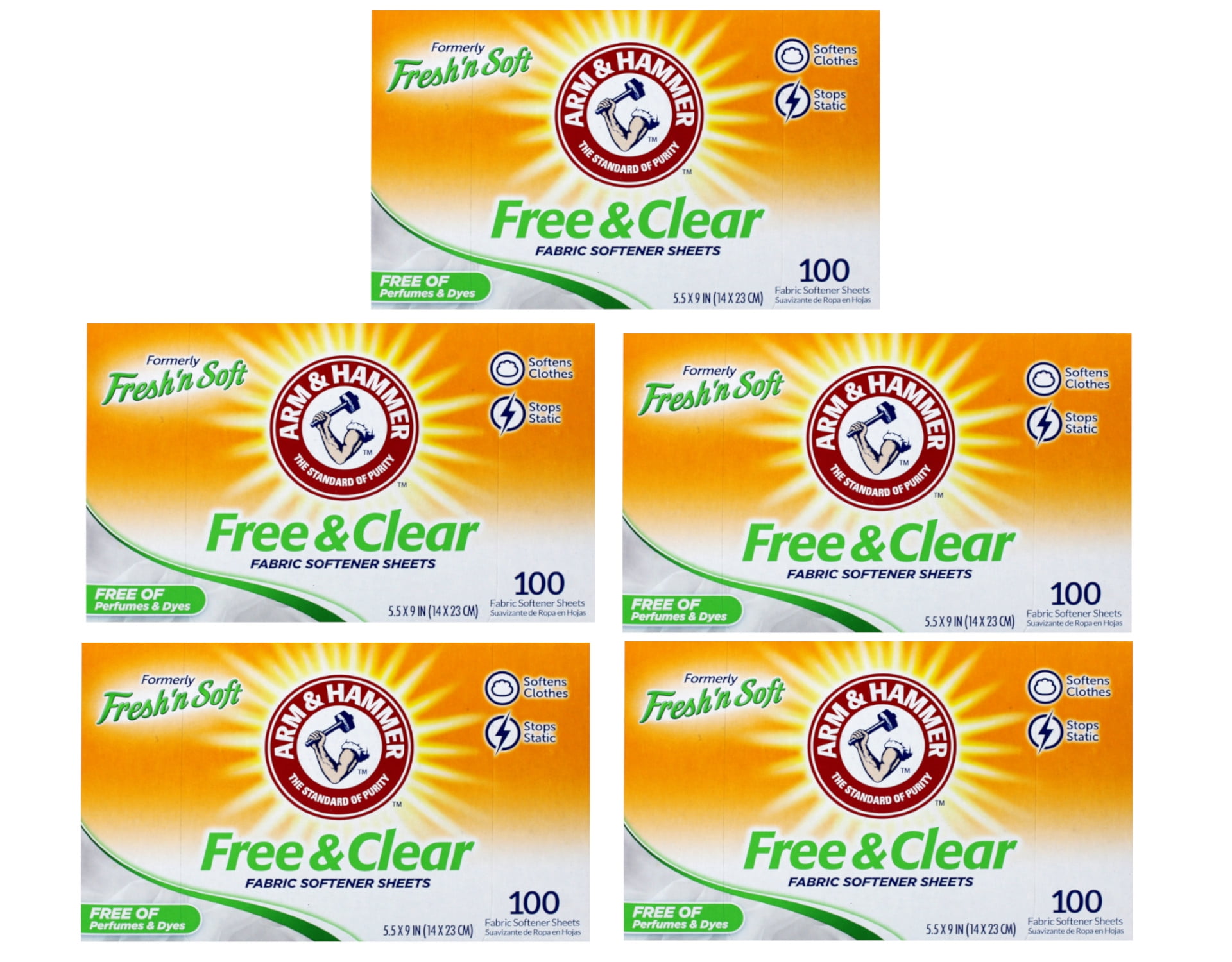 Arm & Hammer Fabric Softener Dryer Sheets, Free of Perfumes & Dyes , Fresh'n Soft , 100 Count - 5 Pack