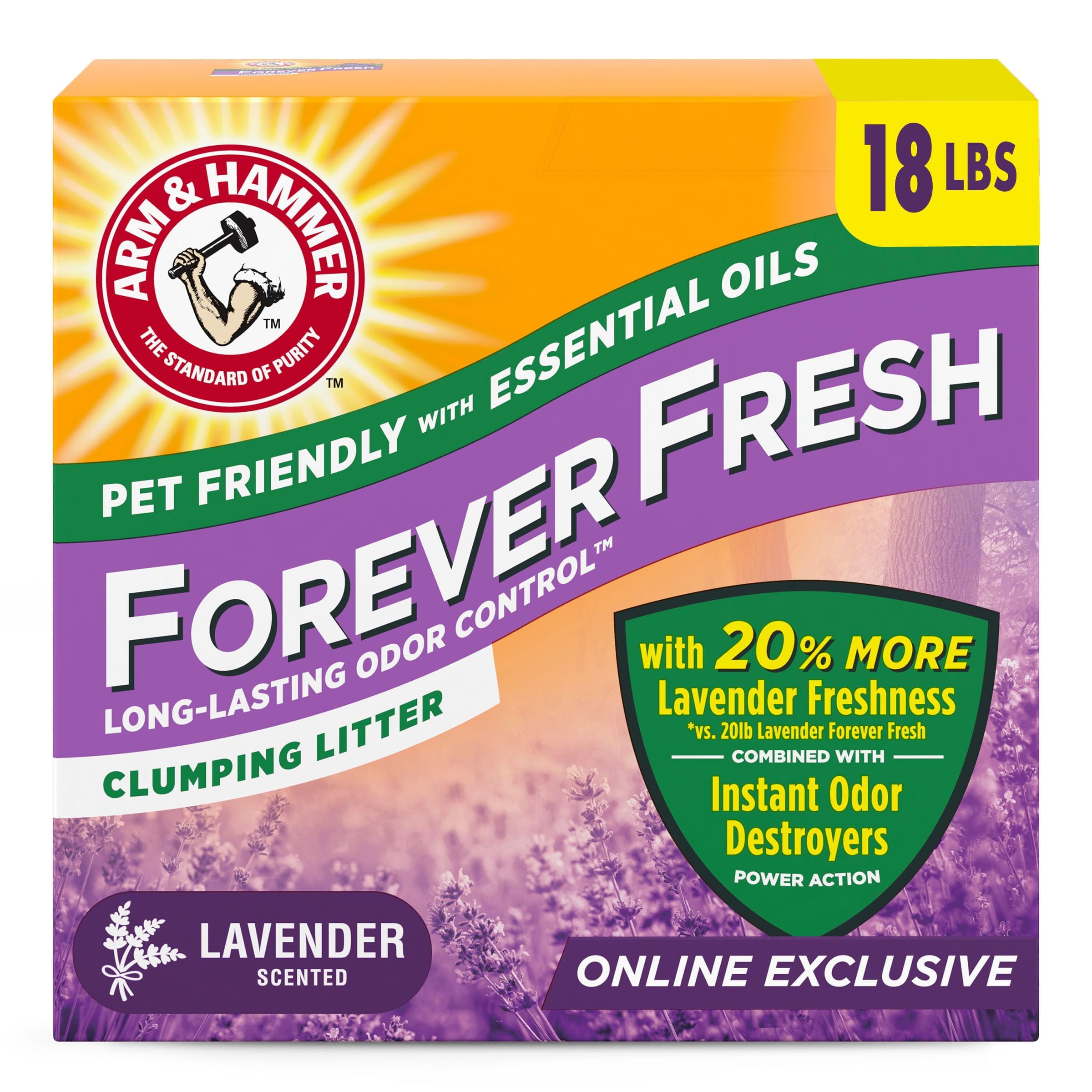 Arm & Hammer Forever Fresh Clumping Cat Litter Lavender, MultiCat 18lb With 20% More Lavender Freshness, Pet Friendly With Essential Oils C65
