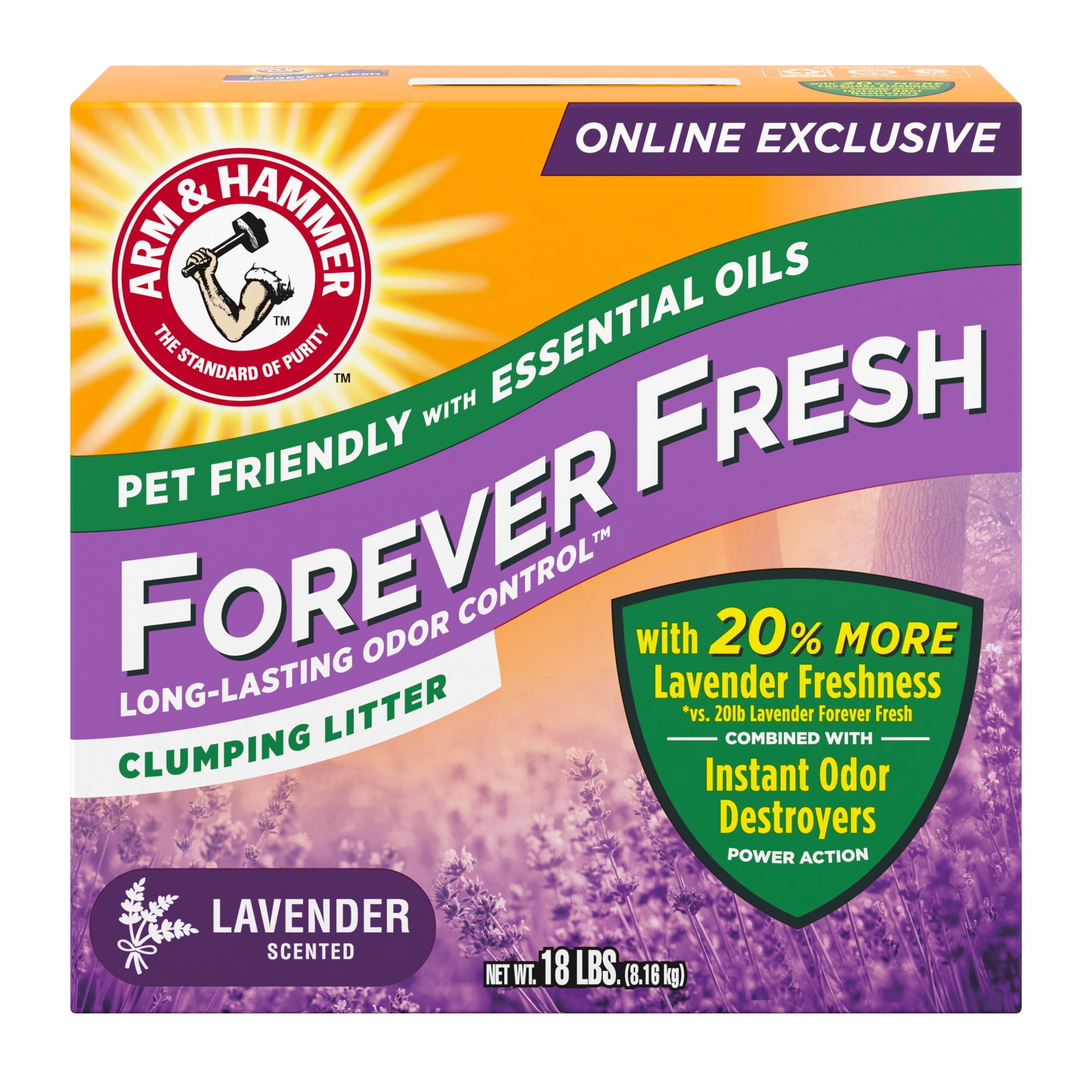 Arm & Hammer Forever Fresh Clumping Cat Litter Lavender, MultiCat 18lb With 20% More Lavender Freshness, Pet Friendly With Essential Oils C9