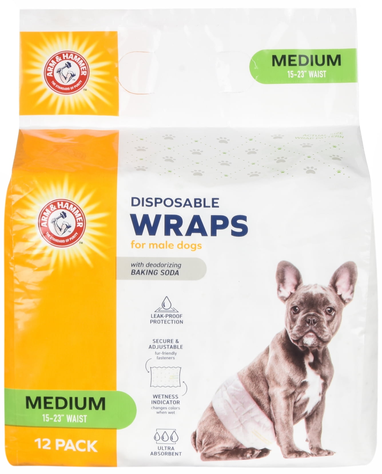 Arm & Hammer Male Dog Wraps, Medium 12 Ct | Ultra-Absorbent with Leak-Proof Protection