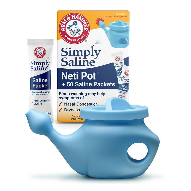 Arm & Hammer Neti Pot with 50 Saline Packets, Nasal Rinse Kit for Sinus  Nasal Congestion, Allergy Relief- Natural - Blue - 240mL