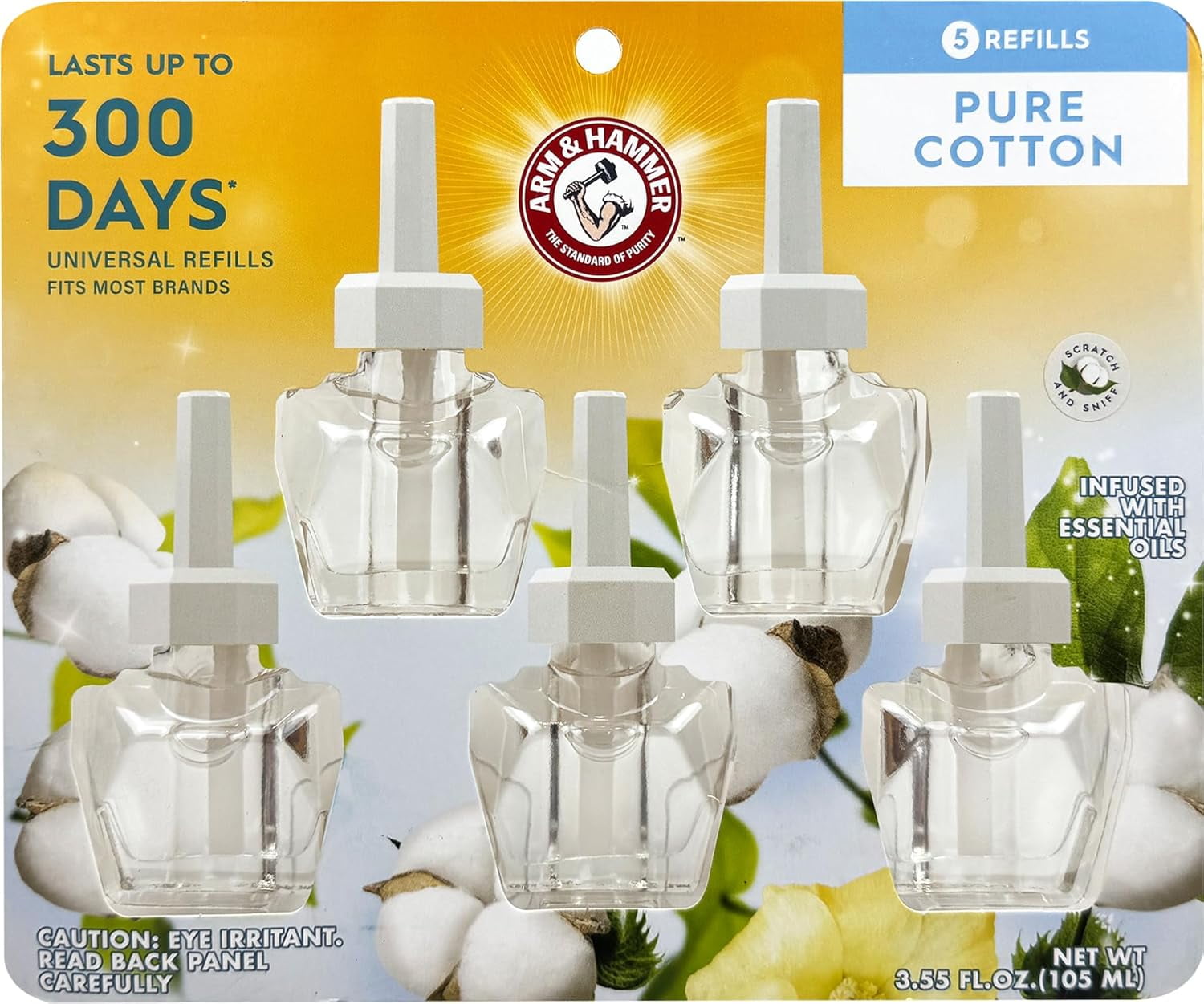Arm & Hammer Plug-in Scented Oil Air Freshener Refill, Pure Cotton, 3.55 fl oz, 5-Pack