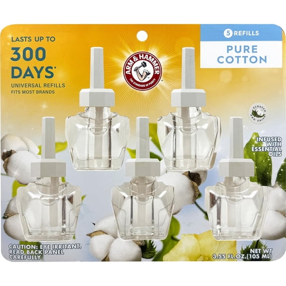 Arm & Hammer Plug-in Scented Oil Air Freshener Refill, Pure Cotton, 3.55 fl oz, 5-Pack