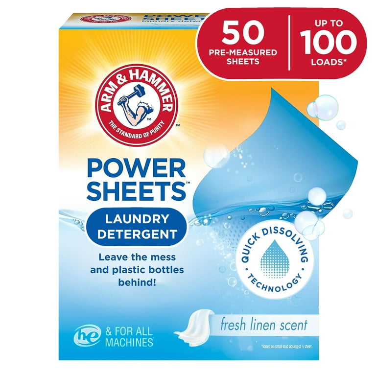 Arm & Hammer Power Sheets Laundry Detergent, Fresh Linen 50ct, Up to 100 Small Loads