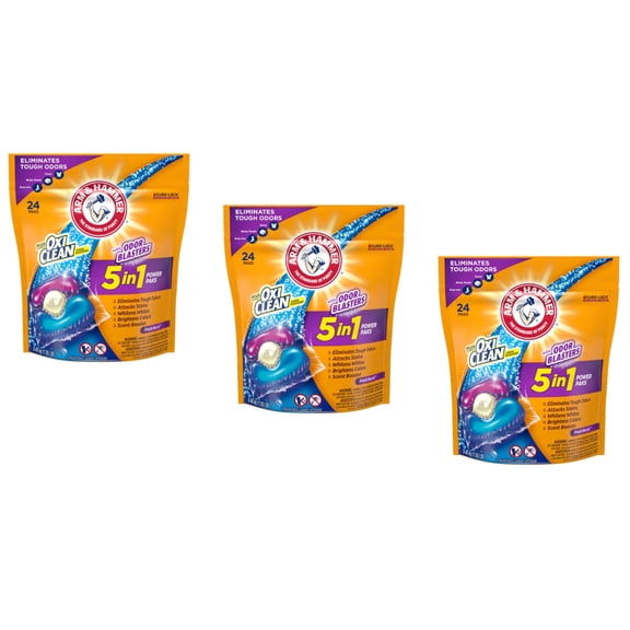 Arm & Hammer plus OxiClean with Odor Blasters 5-in-1 Power Paks, 24 Count - Pack of 3
