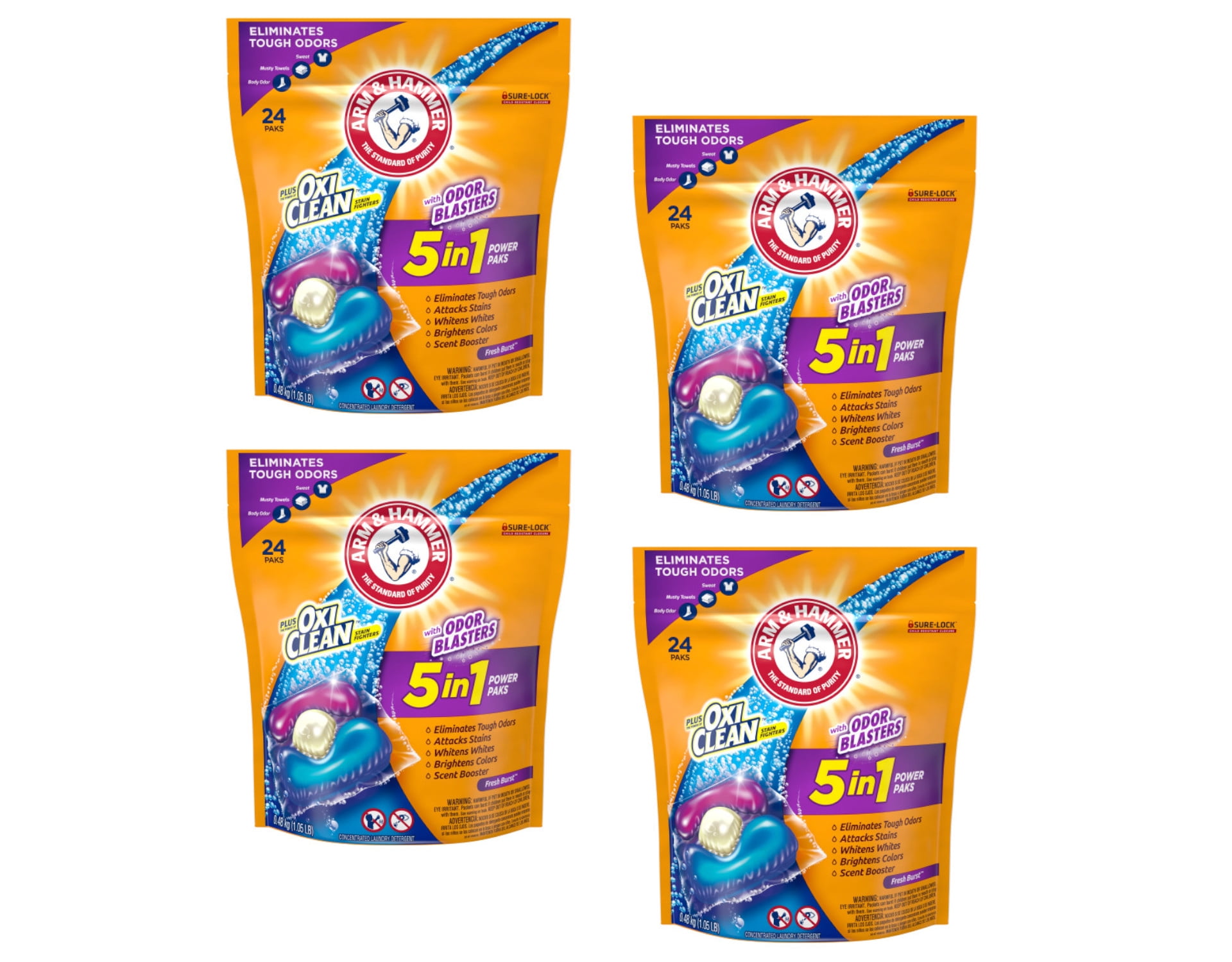 ARM & HAMMER Plus OxiClean With Odor Blasters LAUNDRY DETERGENT 5-IN-1 Power Paks, 24CT (Packaging may vary)Pack of 4