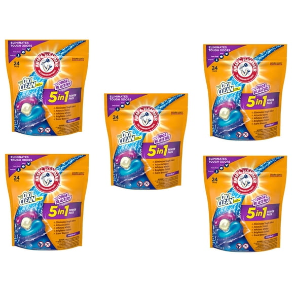 Arm & Hammer plus OxiClean with Odor Blasters 5-in-1 Power Paks, 24 Count - Pack of 5