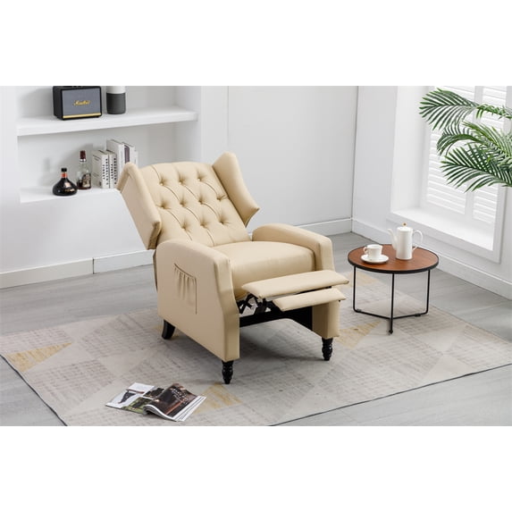 Arm Pushing Recliner Chair, Modern Button Tufted Wingback Manual Push Back Recliner Chair with Wood Leg & Side Pocket, Upholstered Living Room Chair Single Reclining Sofa Home Theater Seating, Camel