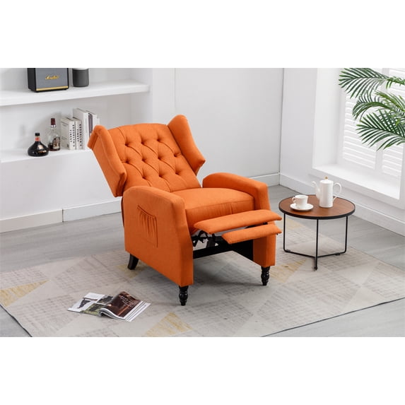Arm Pushing Recliner Chair, Modern Button Tufted Wingback Manual Push Back Recliner Chair with Wood Leg & Side Pocket, Upholstered Living Room Chair Single Reclining Sofa Home Theater Seating, Orange