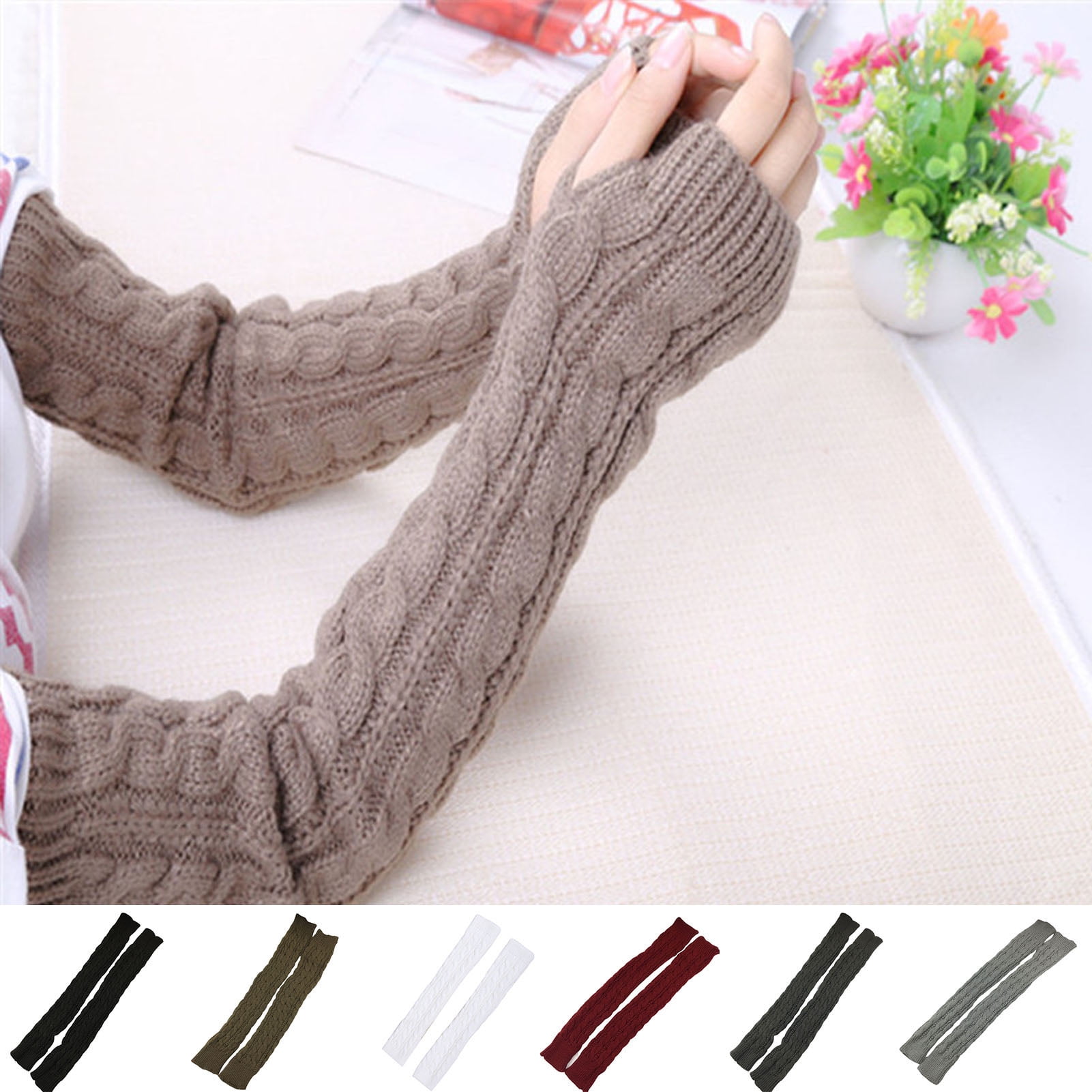 100% Cashmere Long Knitted Arm Warmers Thick Gloves main image 0