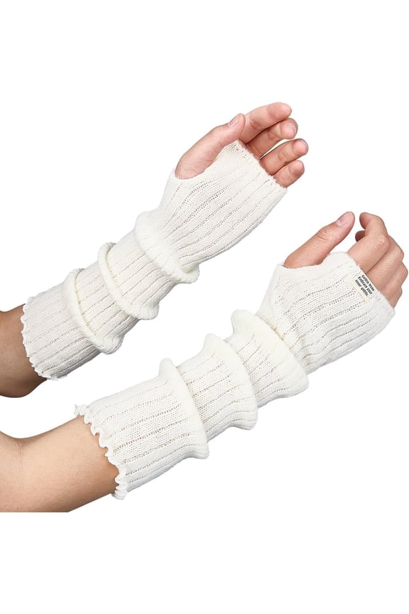 Arm Warmers Long Sleeve Fingerless Gloves Knitted Soft Elbow Length Wrist Arm Warmers Comfortable Cloth Gothic Skateboard Punk Sleeves Thumb Hole for Women Men White 15.4 x 3.4 Inch