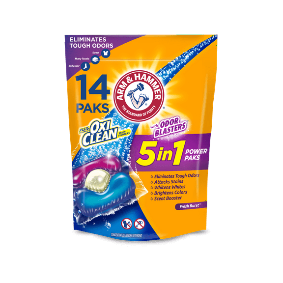 Arm and Hammer Plus OxiClean with Odor Blasters LAUNDRY DETERGENT 5-IN-1 Power Paks, 14 Count