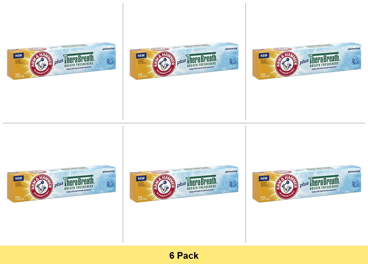 Arm and Hammer Whitening Toothpaste Plus Therabreath Breath Fresheners, Icy Mint, 5.5 oz - 6 Pack