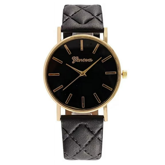 ArmCandy Womens Round Gold Tone Quarts Watch With Black Quilted PU Leather Band