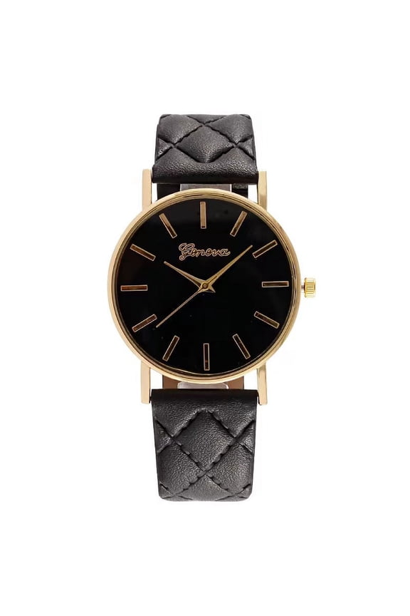 ArmCandy Womens Round Gold Tone Quarts Watch With Black Quilted PU Leather Band