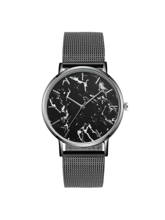 ArmCandy Womens Round Marble Dial Quartz Watch With Black Slim Stainless Steel Mesh Band