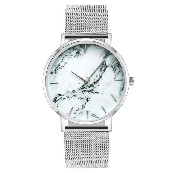 ArmCandy Womens Round Marble Dial Quartz Watch With Silver Slim Stainless Steel Mesh Band
