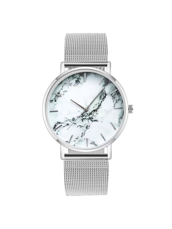 ArmCandy Womens Round Marble Dial Quartz Watch With Silver Slim Stainless Steel Mesh Band