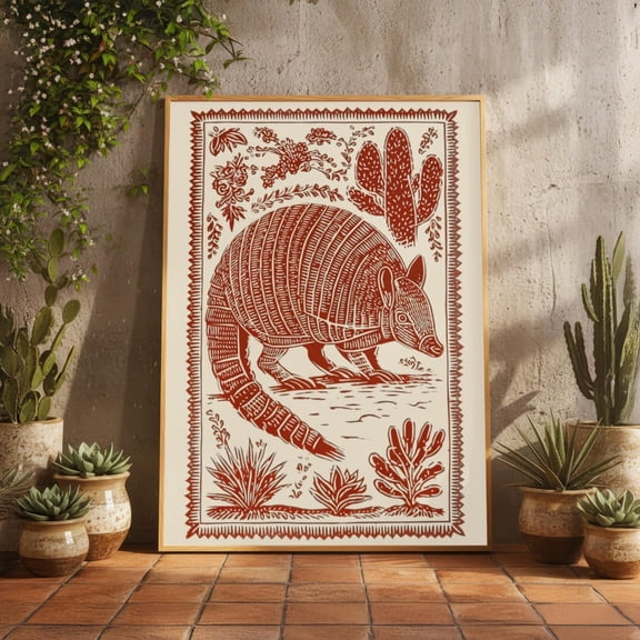 Armadillo Art Vintage Woodblock Print Mexican Folk Art Southwest Wall Decor Desert Animal Print Linocut Style Art, Unframed Paper Print