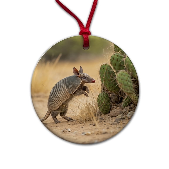 Armadillo In Desert Christmas Tree Holiday Round Ceramic Ornament