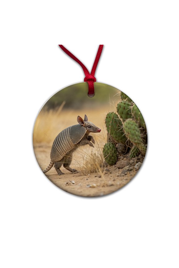 Armadillo In Desert Christmas Tree Holiday Round Ceramic Ornament