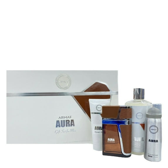 Armaf Aura , 4 Pc Gift Set 3.4oz EDP Spray, 1.7oz Body Spray, 3.4oz Shower Gel, 8.4oz Shampoo