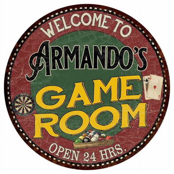 Armando's Game Room 14" Round Metal Sign Bar Kitchen Red Wall Decor 100140032373