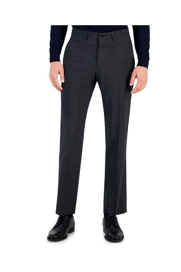 Mens Slim-Fit Charcoal Gray Windowpane Plaid Suit Pants, Charcoal, 3430