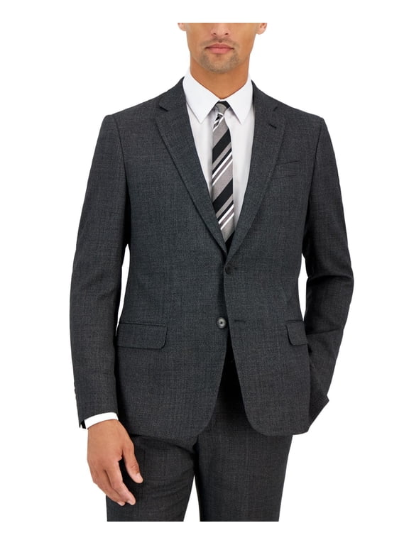 Mens Slim-Fit Black Windowpane Wool Suit Jacket, Gray, 40R