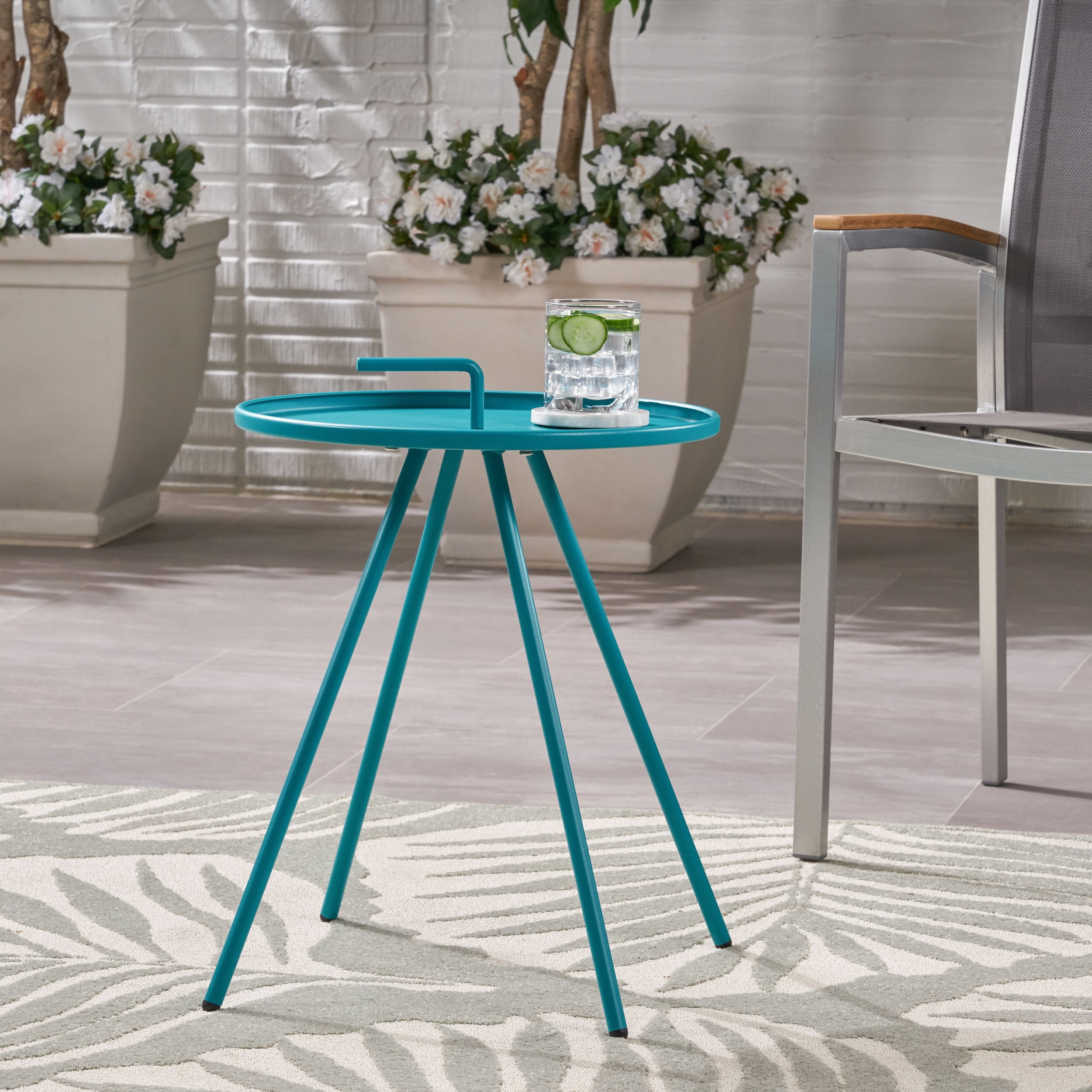 Armani Outdoor Modern 16.5" Side Table with Steel Legs, Teal