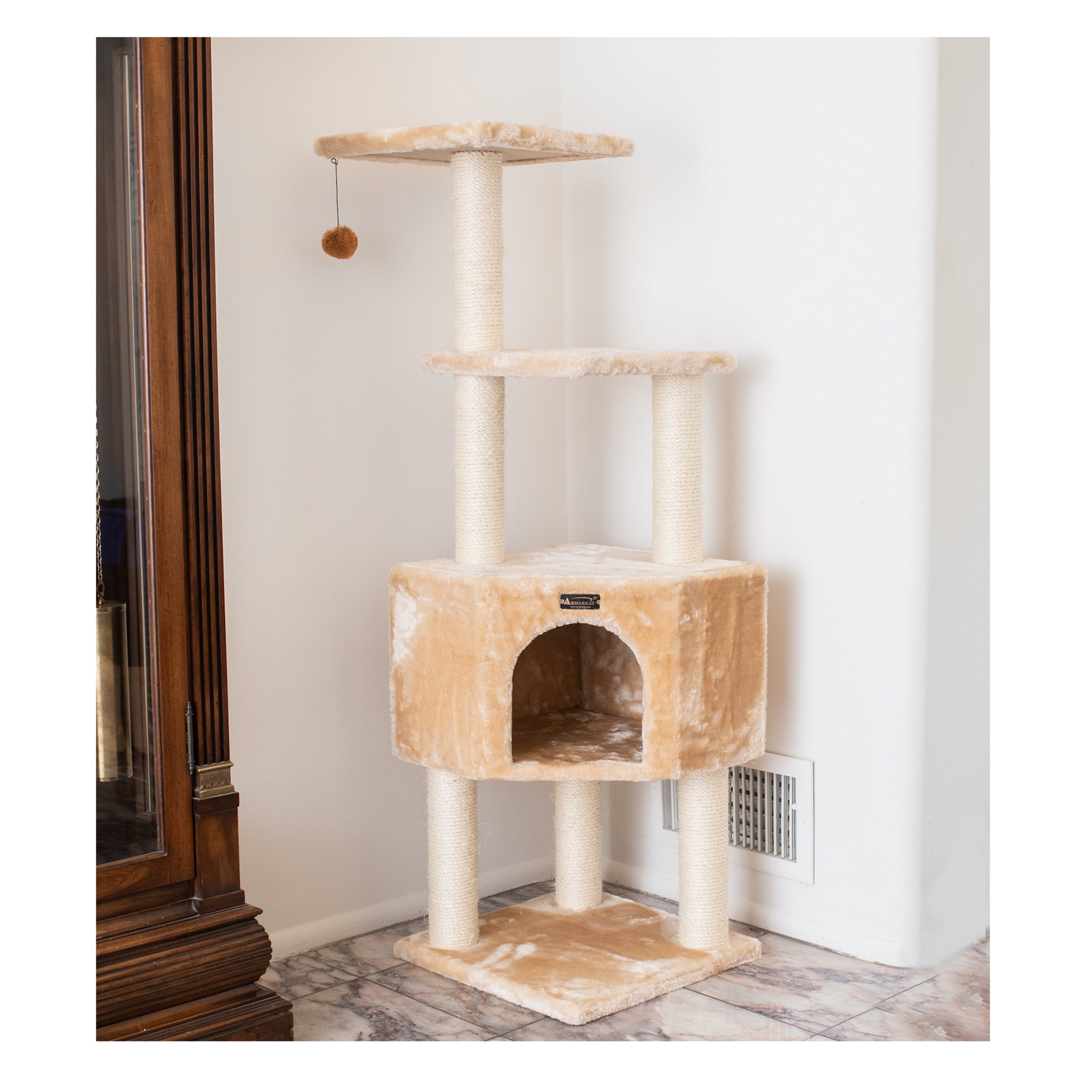 48'' Beige Faux Fur and Sisal Cat Tree Tower