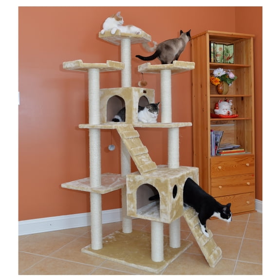 Armarkat 74-in Real Wood Cat Tree & Condo Scratching Post Tower, Beige