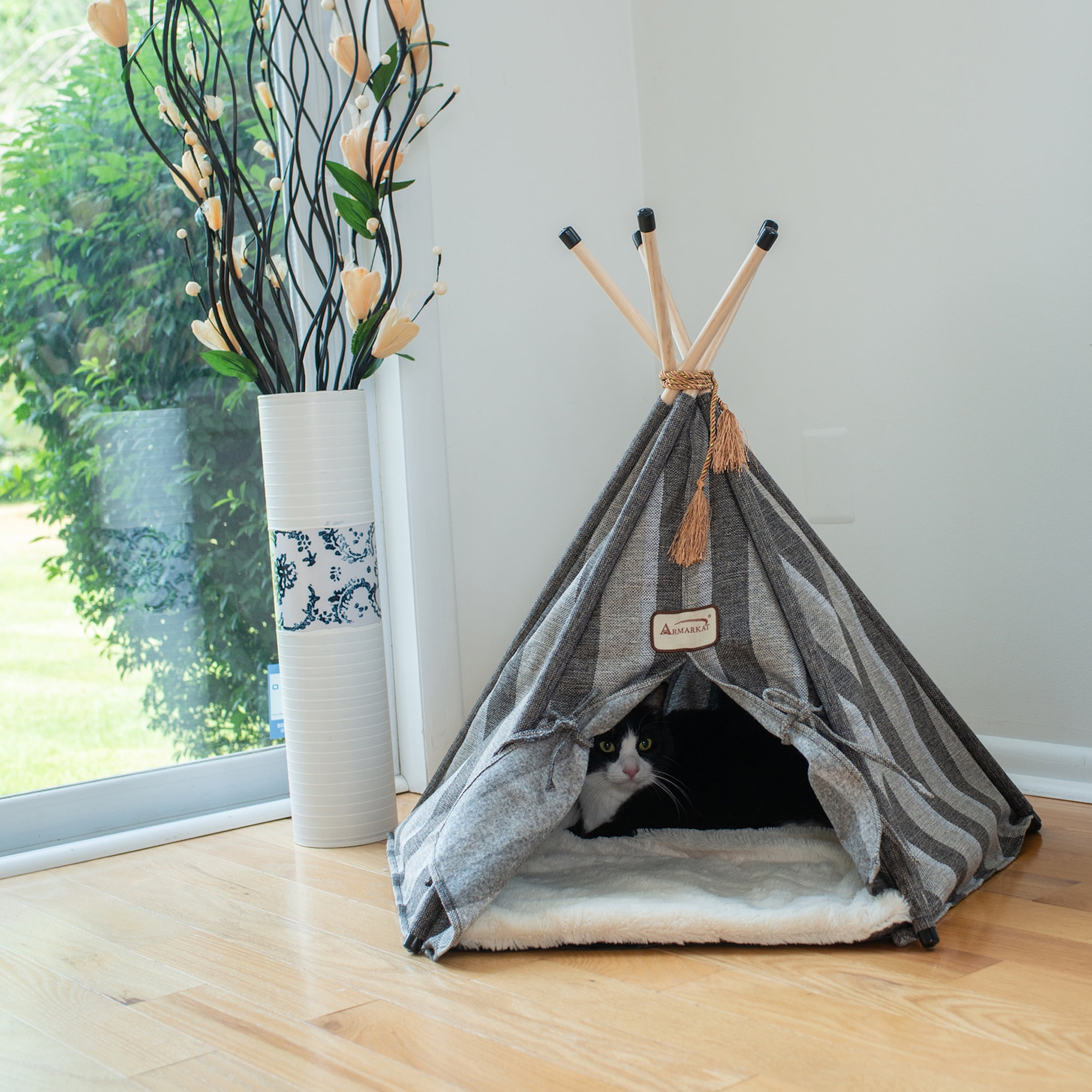 Gray Striped Teepee Style Small Cat Bed with Fiberfill