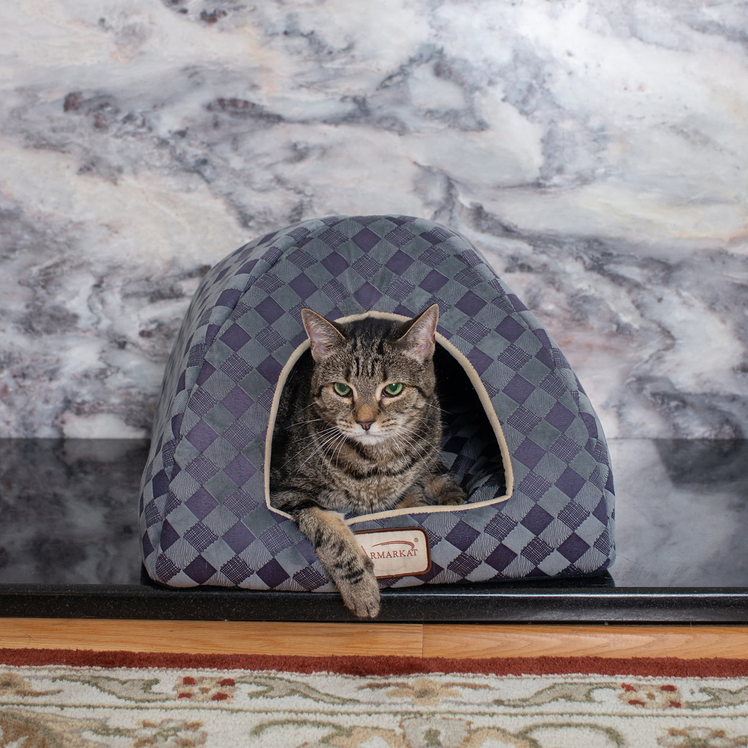 Small Purple Gray Checkered Dome Cat Bed with Fiberfill
