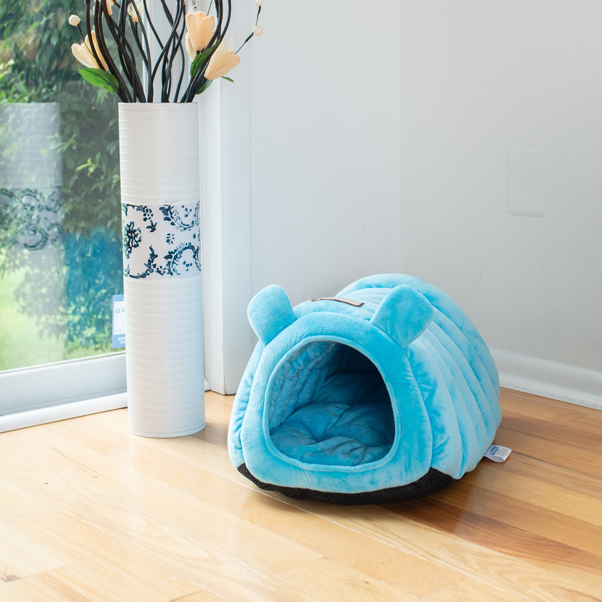 Small Cornflower Blue Velvet Round Pet Bed with Ears