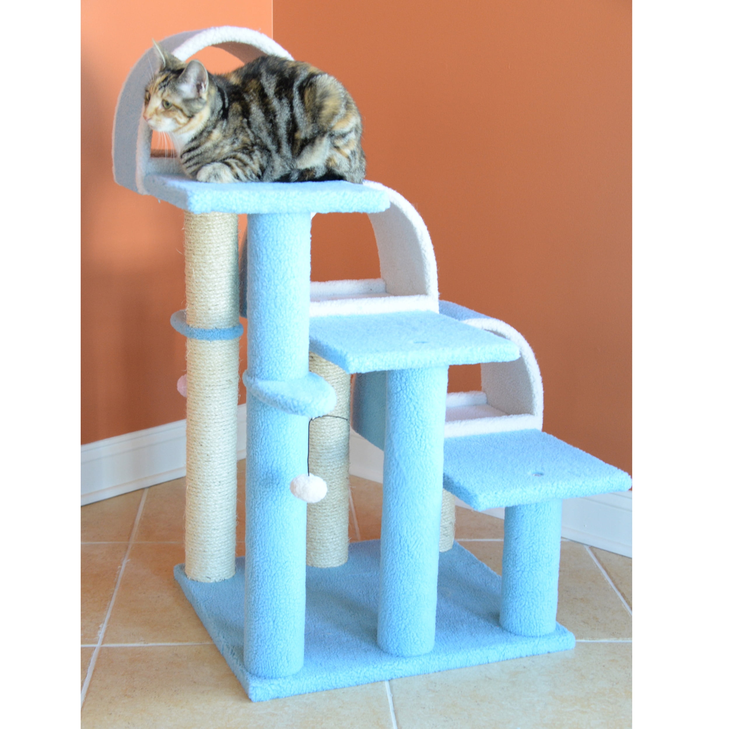 38-Inch Sky Blue Sisal Cat Tree with Tunnels and Steps