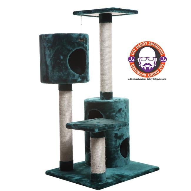 Dark Green Faux Fur and Sisal Cat Tree with Playhouses