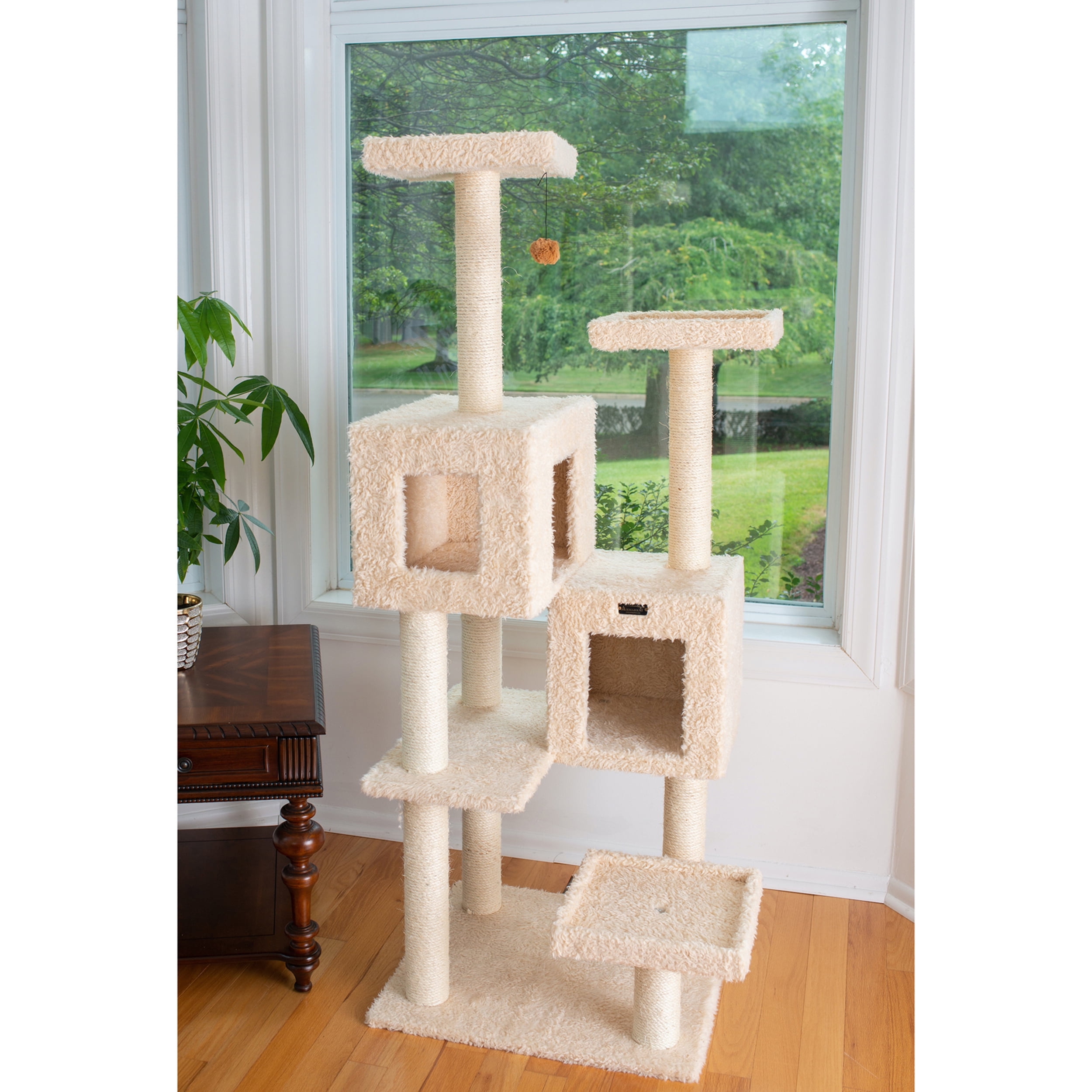 Beige Multi-Level Sisal and Faux Fur Cat Tree with Condos