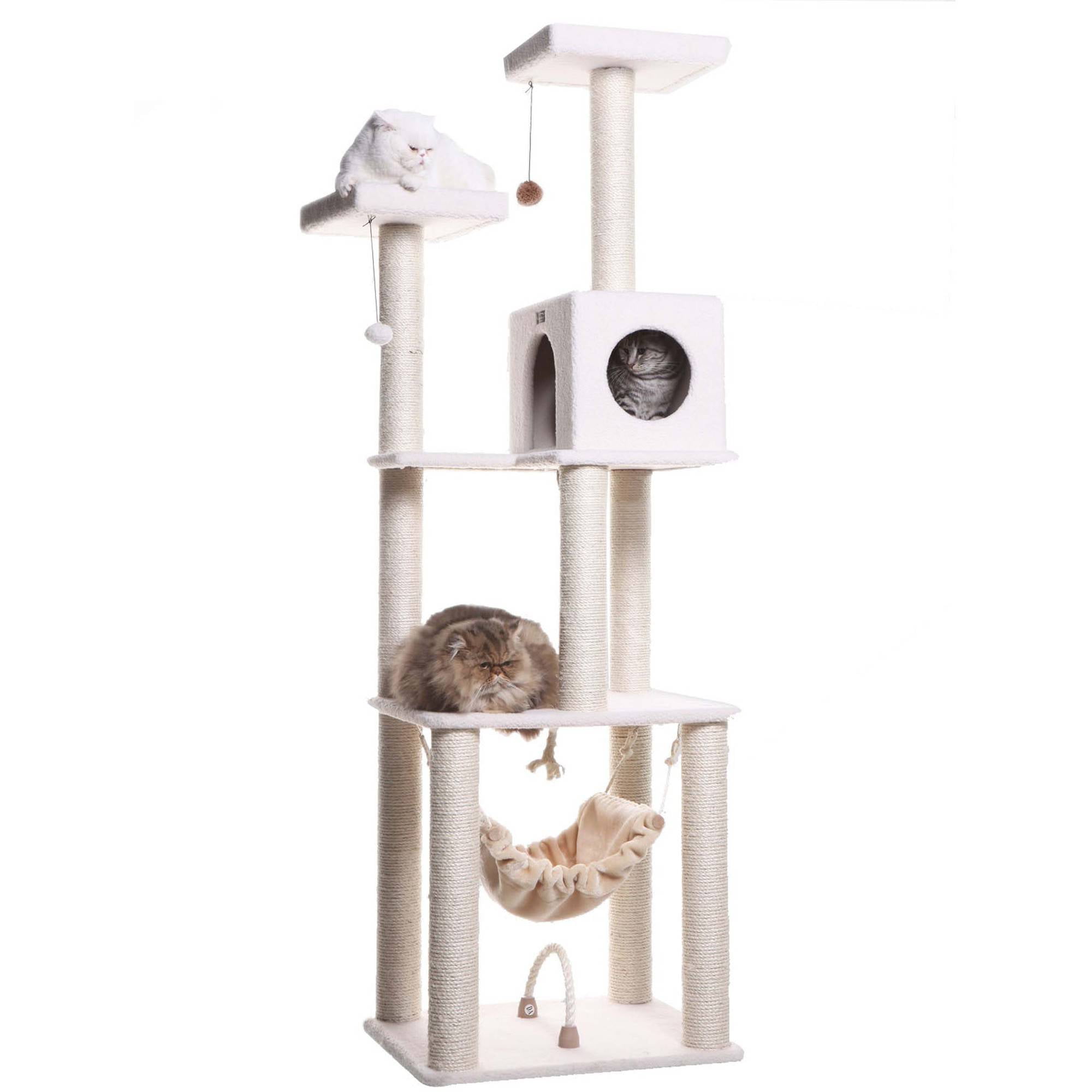 73'' Ivory Fleece Multi-Level Cat Tree with Hammock and Rope Swing